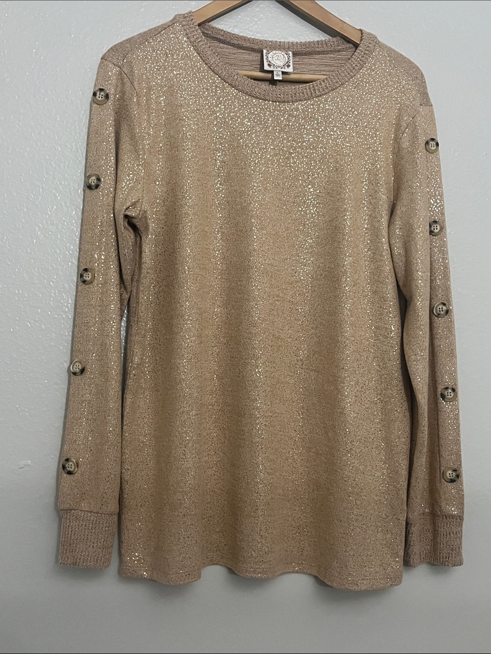 Holiday Glittery Beige Sparkle Crewneck Sweater with Button-Trim Sleeves - Picture 5 of 8